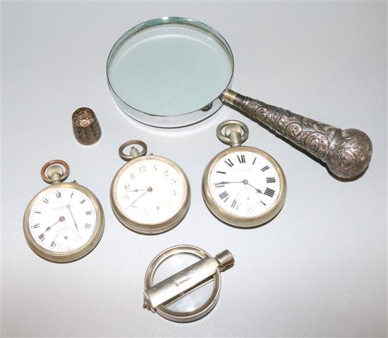 3 pocket watches and 2 magnifying glasses